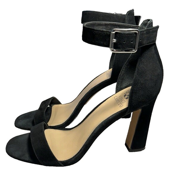 Vince Camuto Acelyn Heeled Sandals 8M Black Suede Ankle Strap Classic - Picture 1 of 7